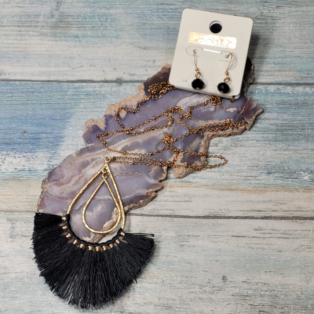 A Project Gold and Black Fringe Necklace  & Earrings Set.
